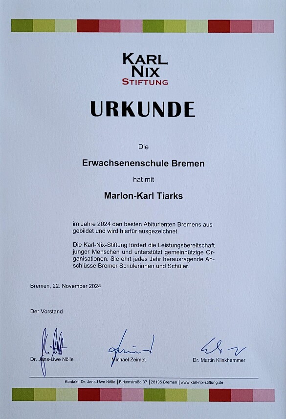 Urkunde von Marlon-Karl Tiarks und der Erwachsenenschule