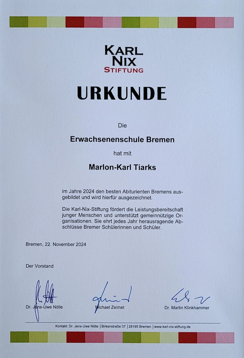 Urkunde von Marlon-Karl Tiarks und der Erwachsenenschule